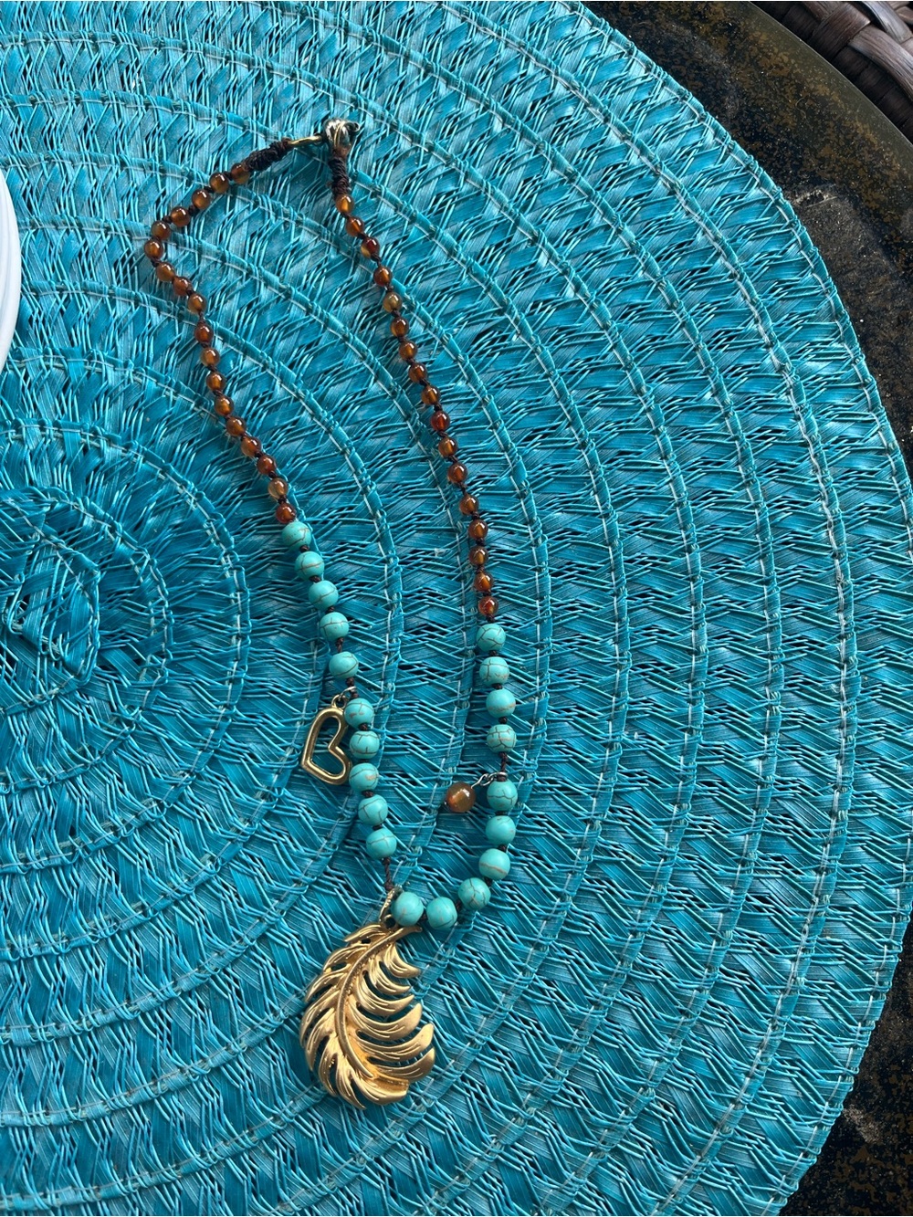 Turquoise and Brown Beaded Necklace with Gold Leaf Pendant